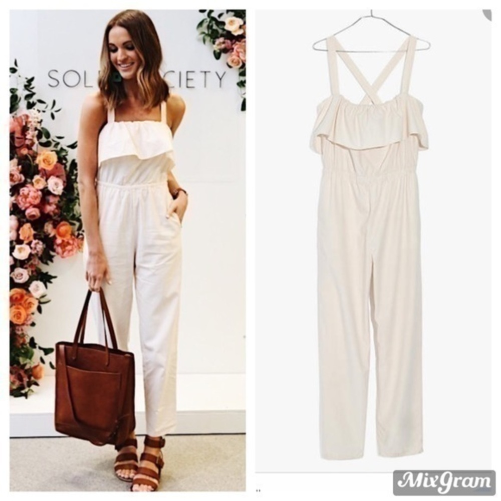 💋Madewell Apron Ruffle ivory cross back jumpsuit size S